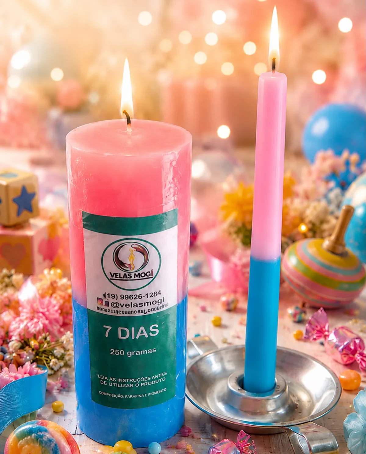 Vela 7 dias bicolor rosa e azul para os Erês