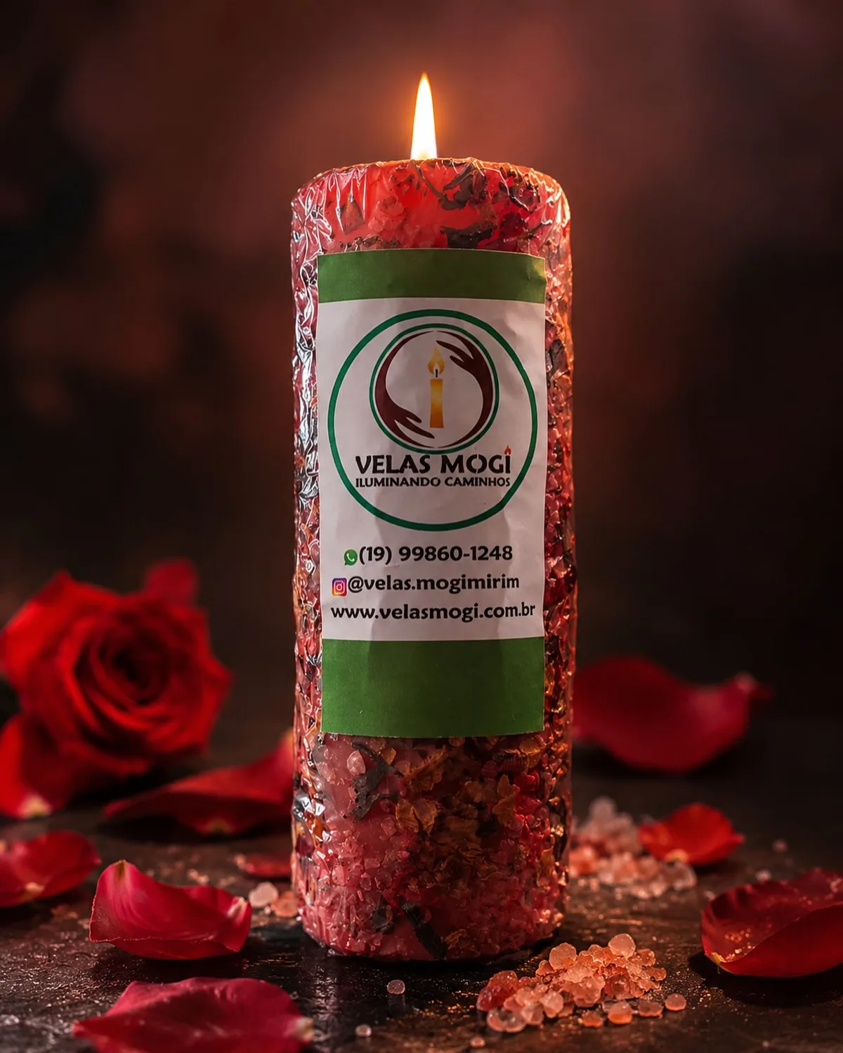 Vela de sal grosso vermelho com rosas