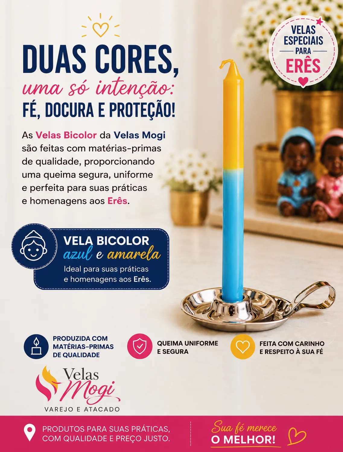 Vela palito bicolor azul e amarela para os Erês