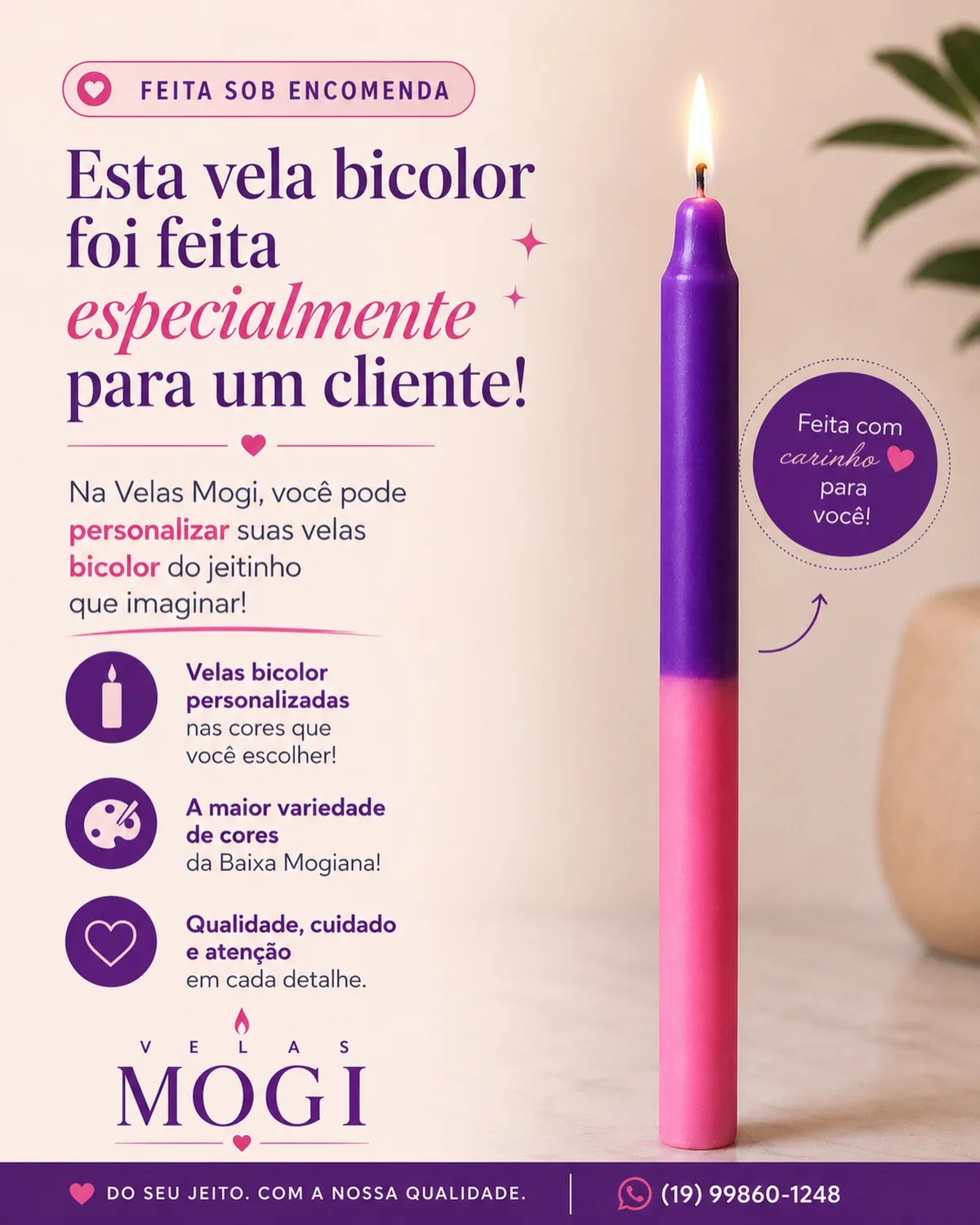 Vela palito bicolor personalizada, cores à escolha