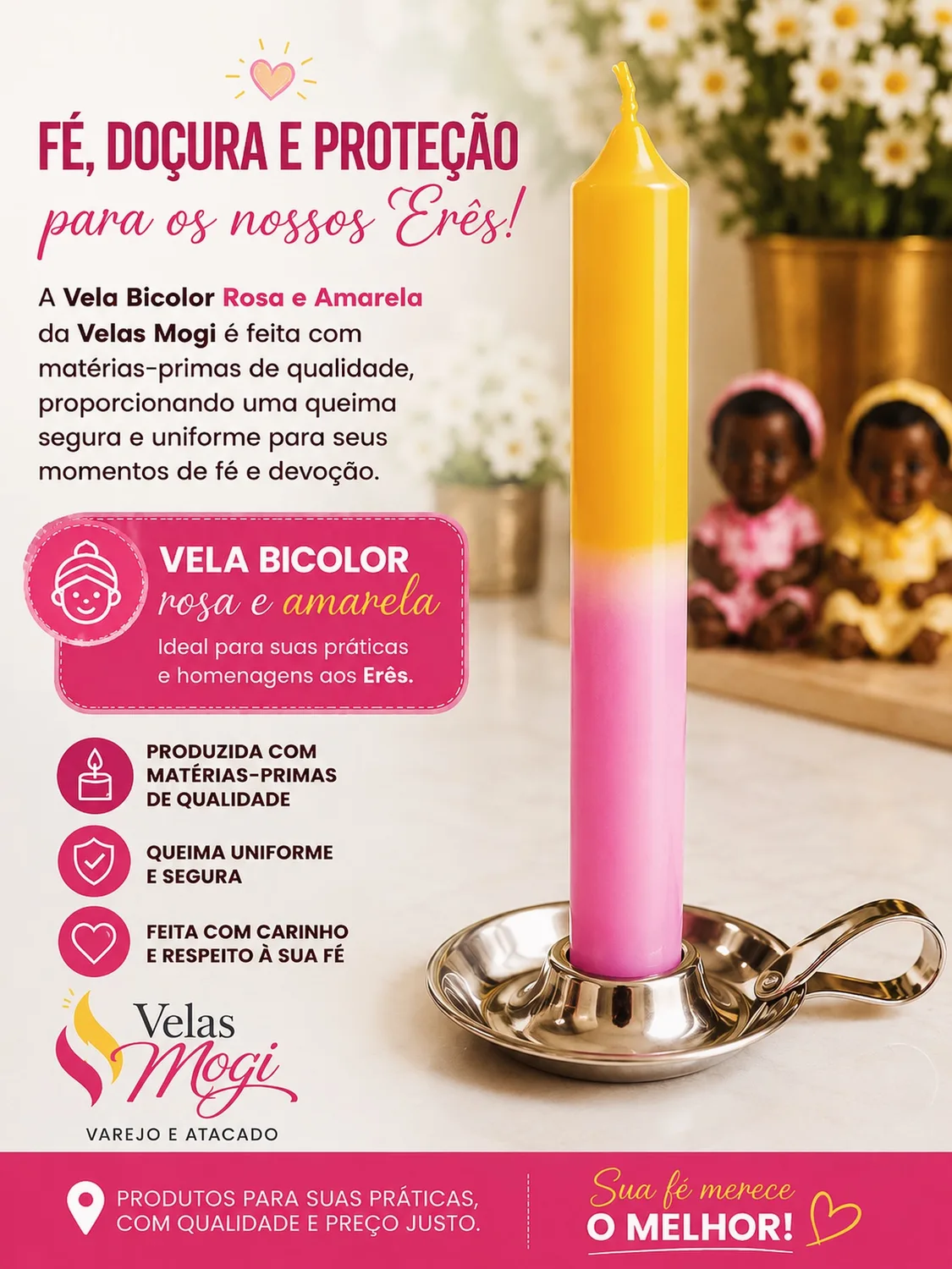 Vela palito bicolor rosa e amarela para os Erês