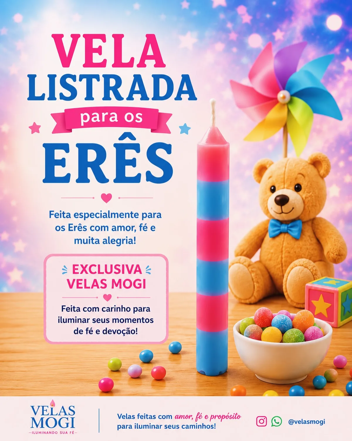Vela palito listrada rosa e azul para os Erês